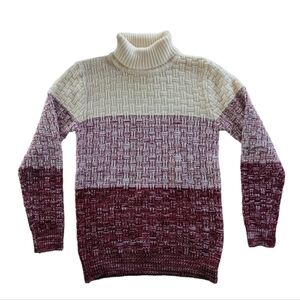 Vintage Color Block Turtleneck Knit Sweater Women's Small Red Cream